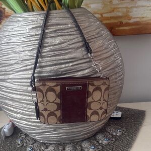 Coach Signature Wristlet in Brown and Tan